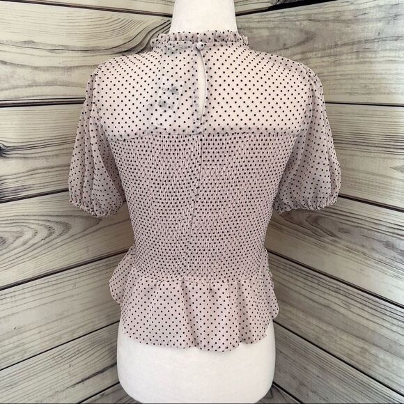 Express Light Blush Pink Dot Peplum Cropped Puff Sleeve Top - Picture 7 of 8
